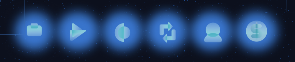 Rows One service icon row: briefcase, media, split, sync, people and billing glyphs