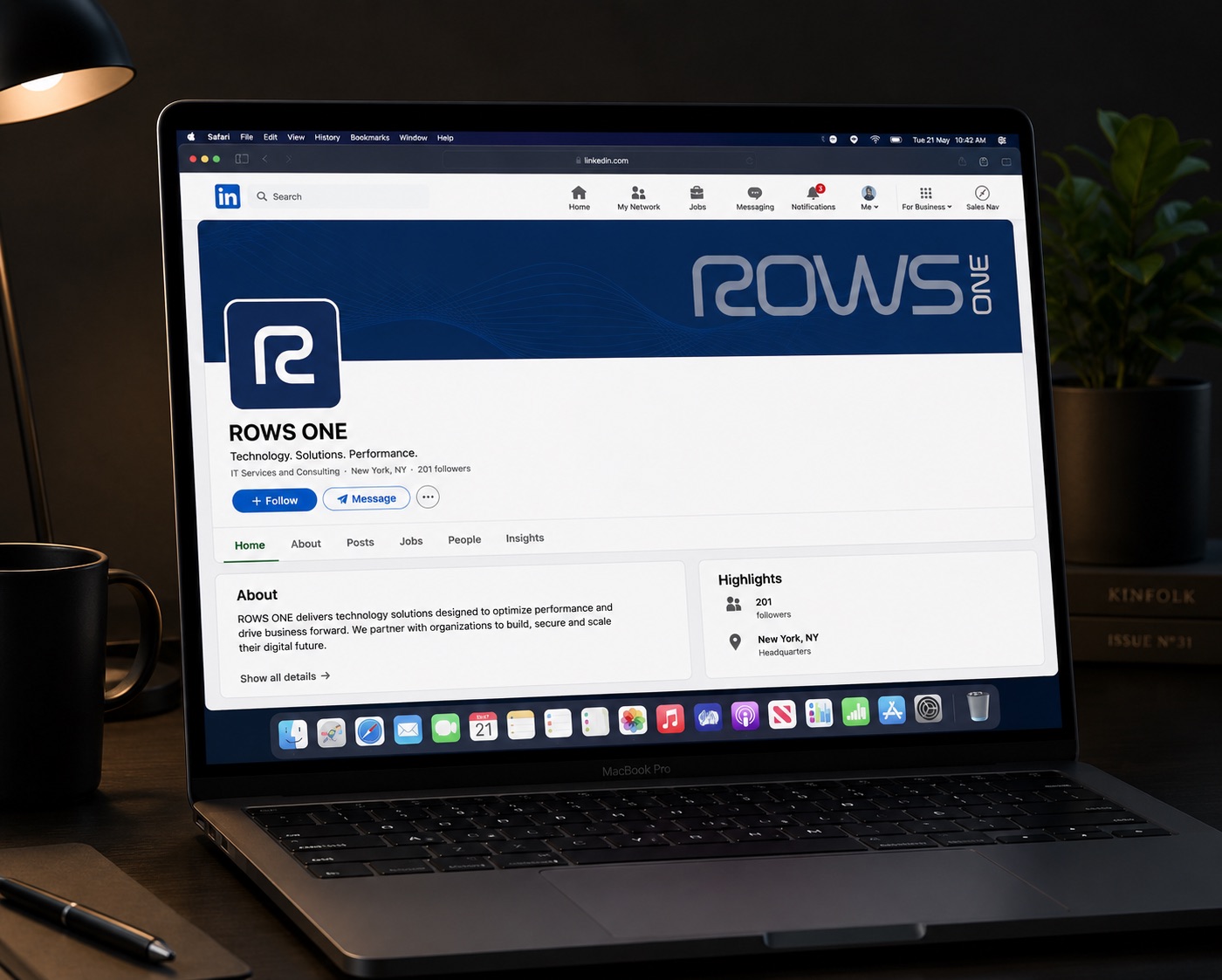 Rows One LinkedIn company page on a laptop